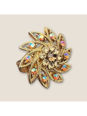 Aurora Borealis Rhinestone Vintage Gold Tone Adjustable Cocktail Ring Size 8